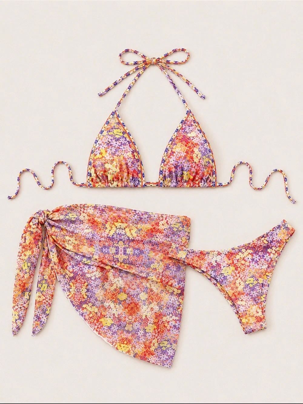 Floral Triangle Bikini Set Purple & Orange